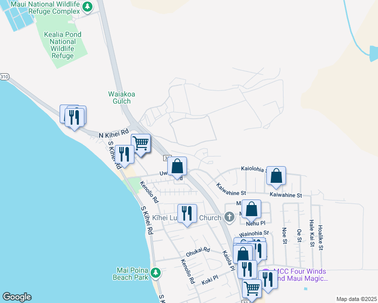 map of restaurants, bars, coffee shops, grocery stores, and more near 56 Kihalani Street in Kihei