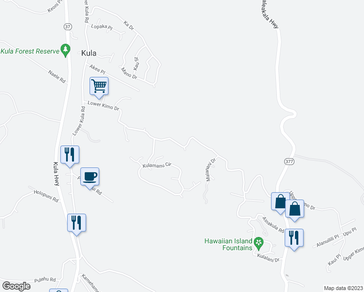 map of restaurants, bars, coffee shops, grocery stores, and more near Lower Kimo Drive in Kula
