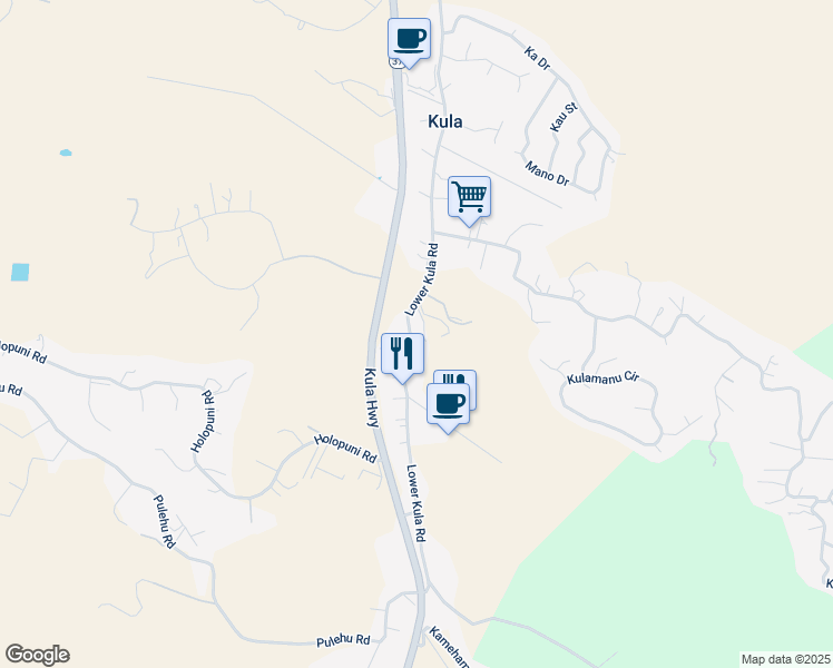 map of restaurants, bars, coffee shops, grocery stores, and more near 2623 Lower Kula Road in Kula