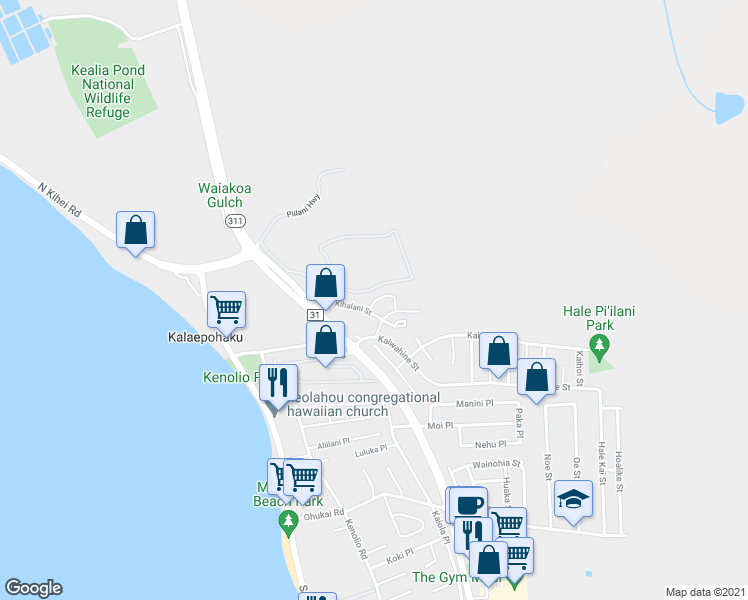 map of restaurants, bars, coffee shops, grocery stores, and more near 63 Piilaniwahine loop in Kihei