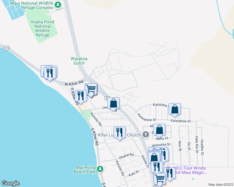 map of restaurants, bars, coffee shops, grocery stores, and more near 60 Kihalani Street in Kihei