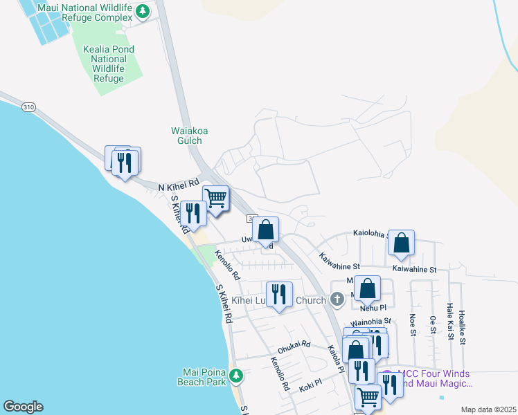 map of restaurants, bars, coffee shops, grocery stores, and more near 62 Kihalani Street in Kihei