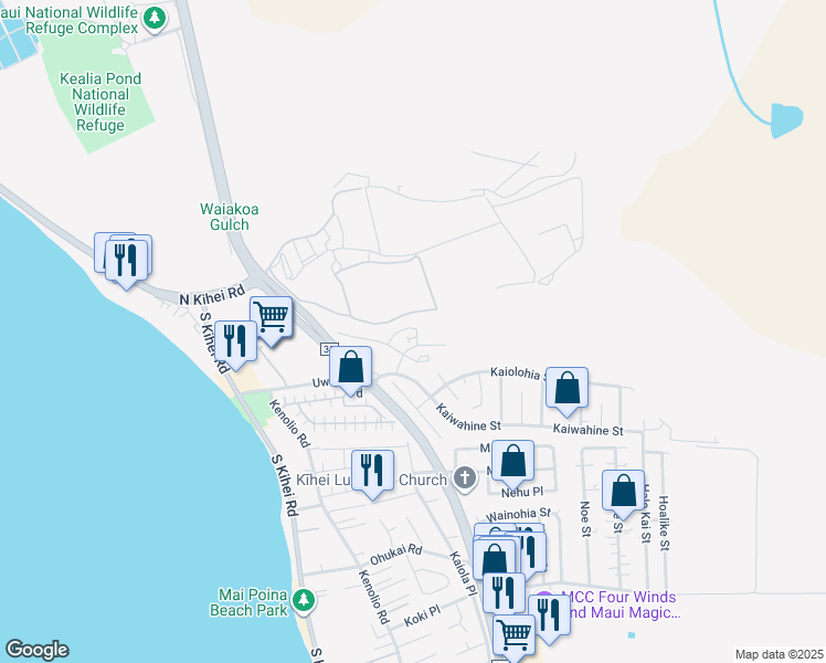 map of restaurants, bars, coffee shops, grocery stores, and more near 64 Piilaniwahine loop in Kihei