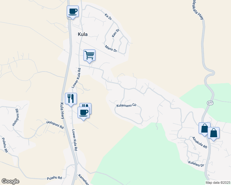 map of restaurants, bars, coffee shops, grocery stores, and more near 484 Lower Kimo Drive in Kula