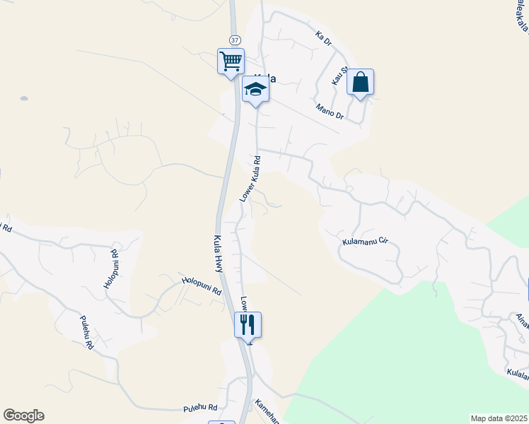 map of restaurants, bars, coffee shops, grocery stores, and more near 2533 Lower Kula Road in Kula