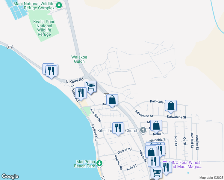 map of restaurants, bars, coffee shops, grocery stores, and more near 62 Kihalani Street in Kihei