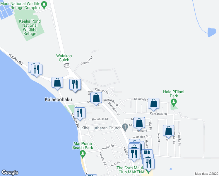 map of restaurants, bars, coffee shops, grocery stores, and more near 64 Piilaniwahine loop in Kihei