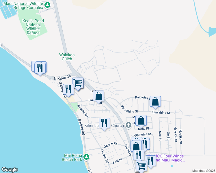 map of restaurants, bars, coffee shops, grocery stores, and more near 57 Kihalani Street in Kihei