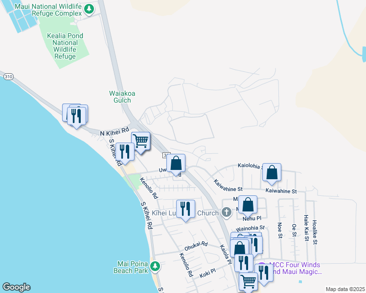 map of restaurants, bars, coffee shops, grocery stores, and more near 60 Kihalani Street in Kihei