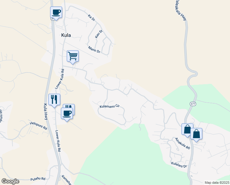 map of restaurants, bars, coffee shops, grocery stores, and more near 588 Lower Kimo Drive in Kula