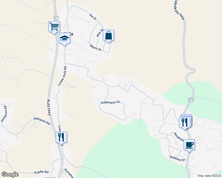 map of restaurants, bars, coffee shops, grocery stores, and more near Lower Kimo Drive in Kula