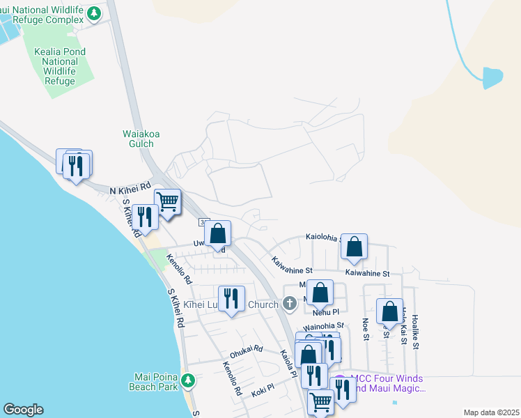 map of restaurants, bars, coffee shops, grocery stores, and more near 50 Kihalani Street in Kihei