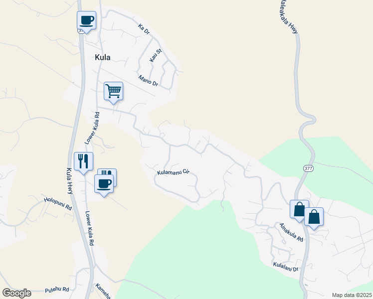 map of restaurants, bars, coffee shops, grocery stores, and more near 588 Lower Kimo Drive in Kula