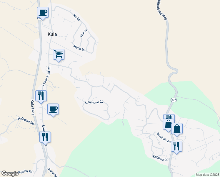 map of restaurants, bars, coffee shops, grocery stores, and more near 717 Lower Kimo Drive in Kula