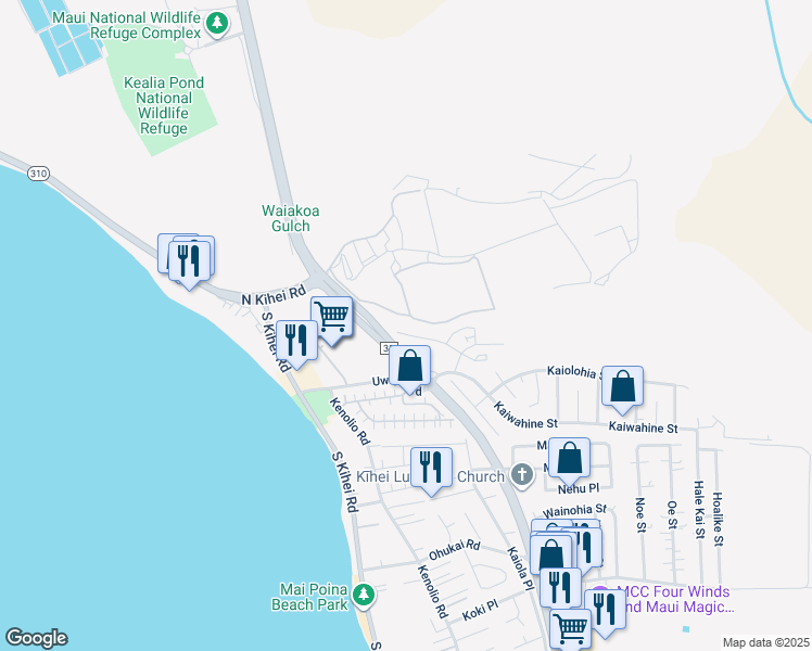map of restaurants, bars, coffee shops, grocery stores, and more near 36 Kihalani Street in Kihei