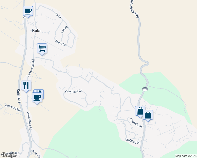 map of restaurants, bars, coffee shops, grocery stores, and more near 831 Lower Kimo Drive in Kula