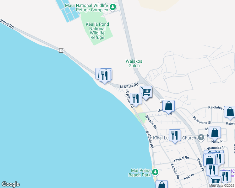map of restaurants, bars, coffee shops, grocery stores, and more near 61 North Kihei Road in Kihei