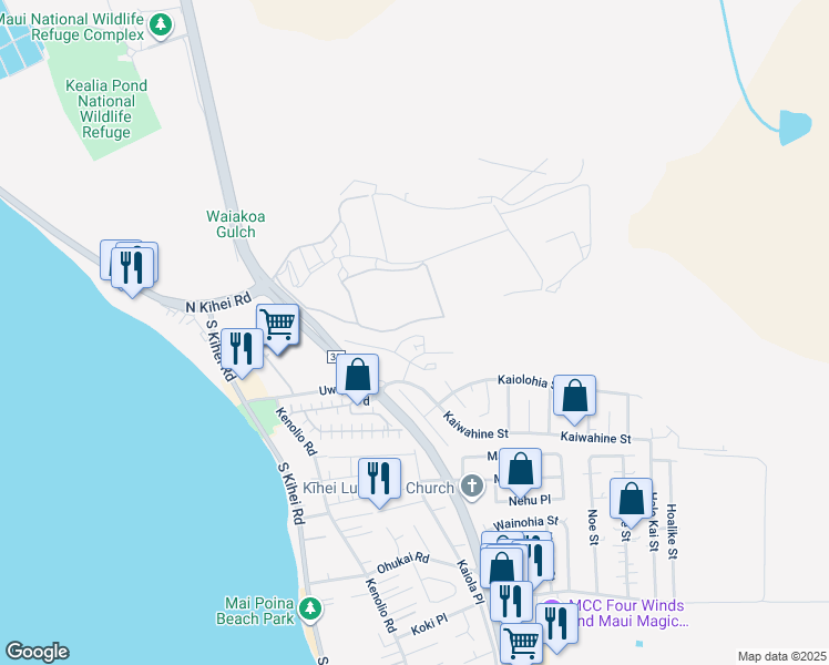 map of restaurants, bars, coffee shops, grocery stores, and more near 57 Kihalani Street in Kihei