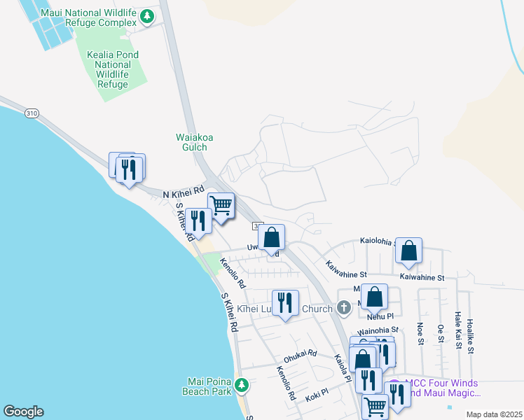 map of restaurants, bars, coffee shops, grocery stores, and more near 64 Kihalani Street in Kihei