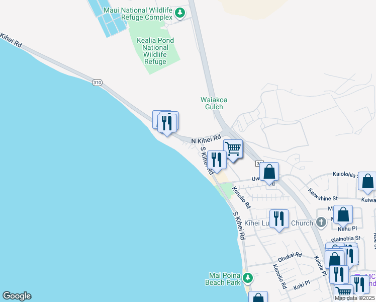 map of restaurants, bars, coffee shops, grocery stores, and more near 61 North Kihei Road in Kihei