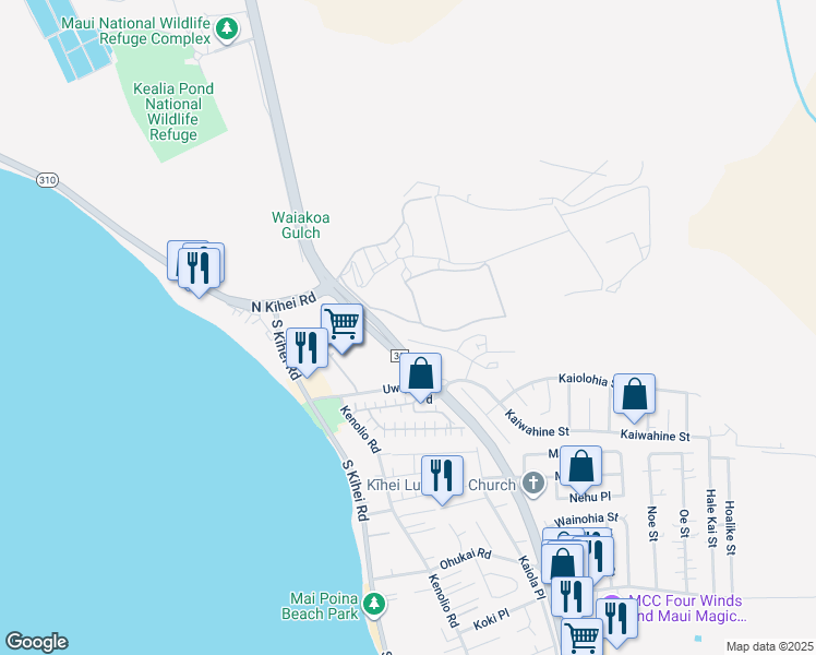 map of restaurants, bars, coffee shops, grocery stores, and more near 38 Kihalani Street in Kihei