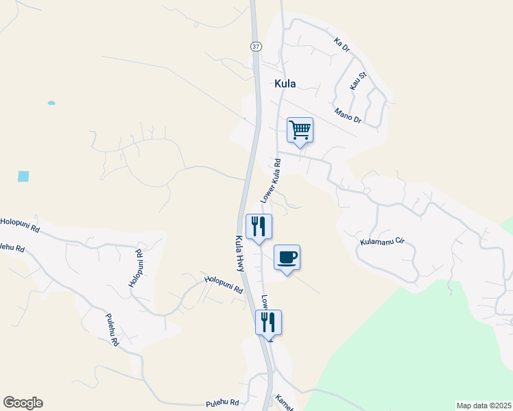 map of restaurants, bars, coffee shops, grocery stores, and more near 2550 Lower Kula Road in Kula