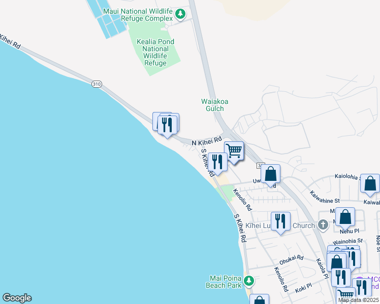 map of restaurants, bars, coffee shops, grocery stores, and more near 61 North Kihei Road in Kihei