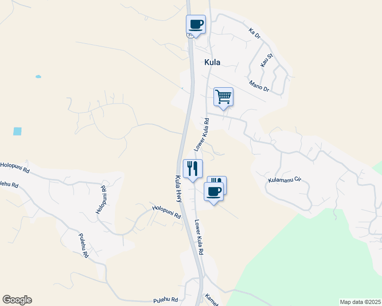 map of restaurants, bars, coffee shops, grocery stores, and more near 2550 Lower Kula Road in Kula