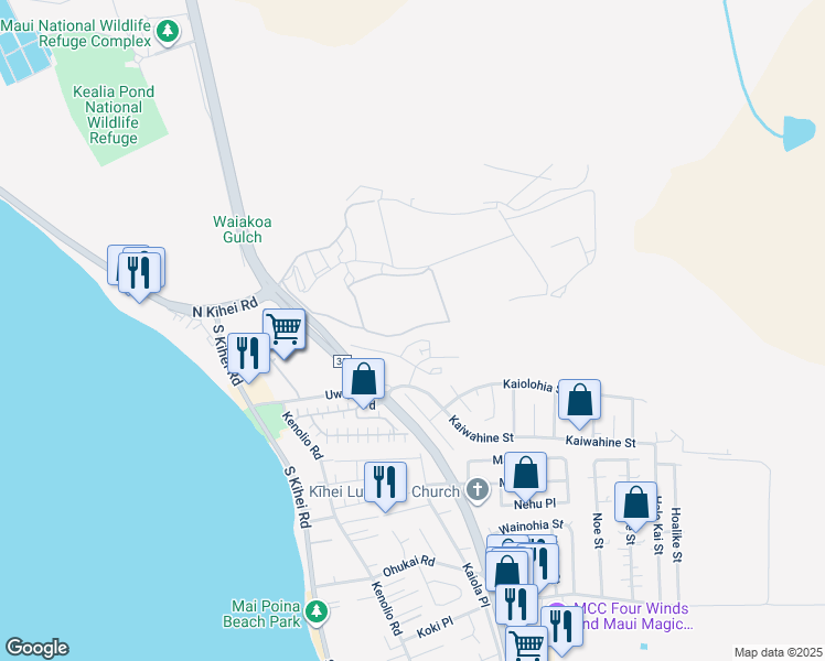 map of restaurants, bars, coffee shops, grocery stores, and more near 51 Kihalani Street in Kihei