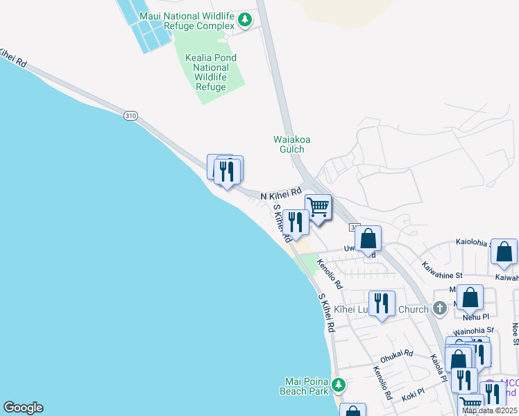 map of restaurants, bars, coffee shops, grocery stores, and more near 61 North Kihei Road in Kihei