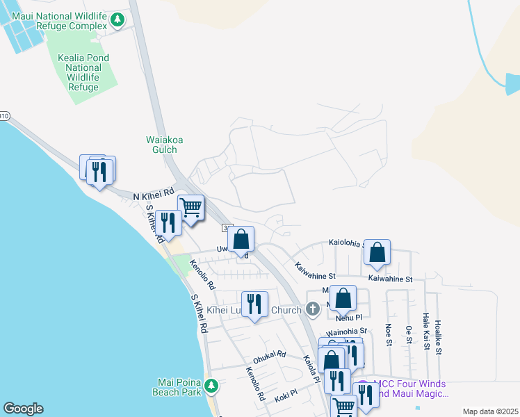 map of restaurants, bars, coffee shops, grocery stores, and more near 57 Kihalani Street in Kihei
