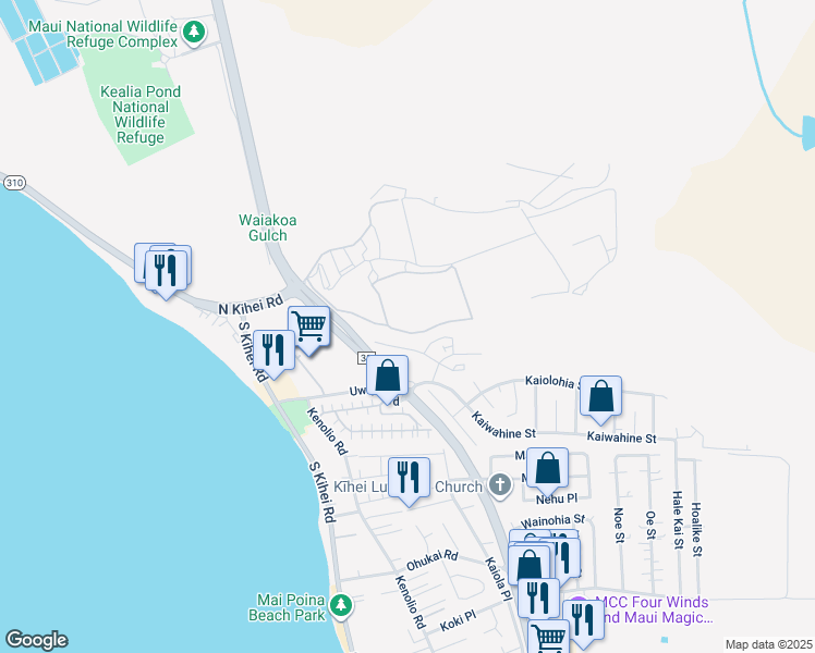 map of restaurants, bars, coffee shops, grocery stores, and more near 57 Kihalani Street in Kihei