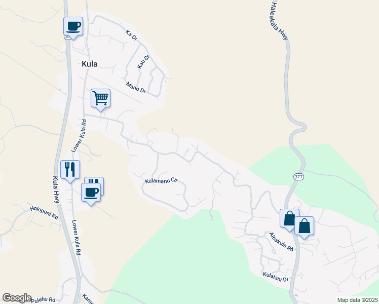 map of restaurants, bars, coffee shops, grocery stores, and more near 745 Lower Kimo Drive in Kula