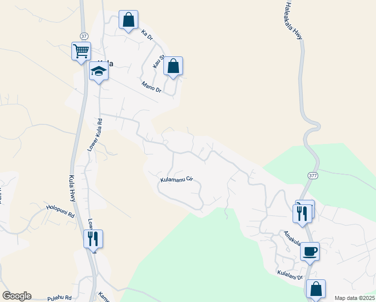 map of restaurants, bars, coffee shops, grocery stores, and more near 0 Lower Kimo Drive in Kula