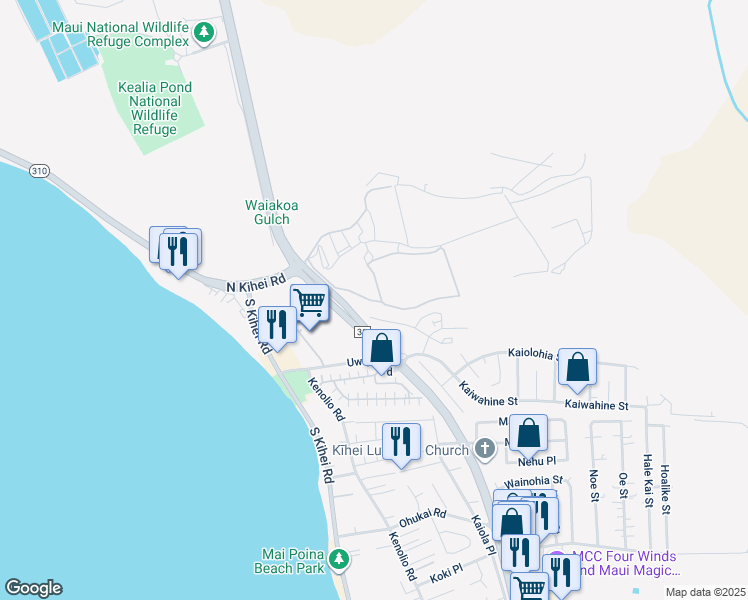 map of restaurants, bars, coffee shops, grocery stores, and more near 64 Kihalani Street in Kihei