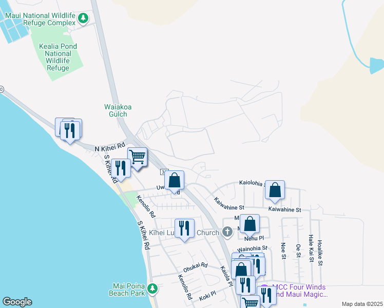 map of restaurants, bars, coffee shops, grocery stores, and more near 33 Kihalani Street in Kihei