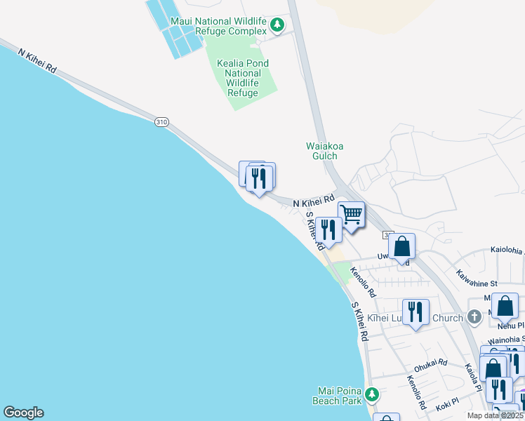map of restaurants, bars, coffee shops, grocery stores, and more near 145 North Kihei Road in Kihei