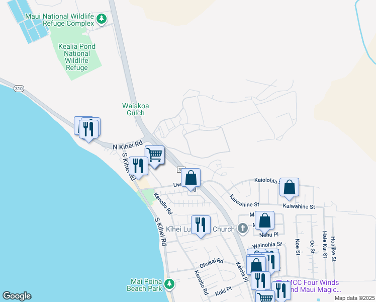 map of restaurants, bars, coffee shops, grocery stores, and more near 62 Kihalani Street in Kihei