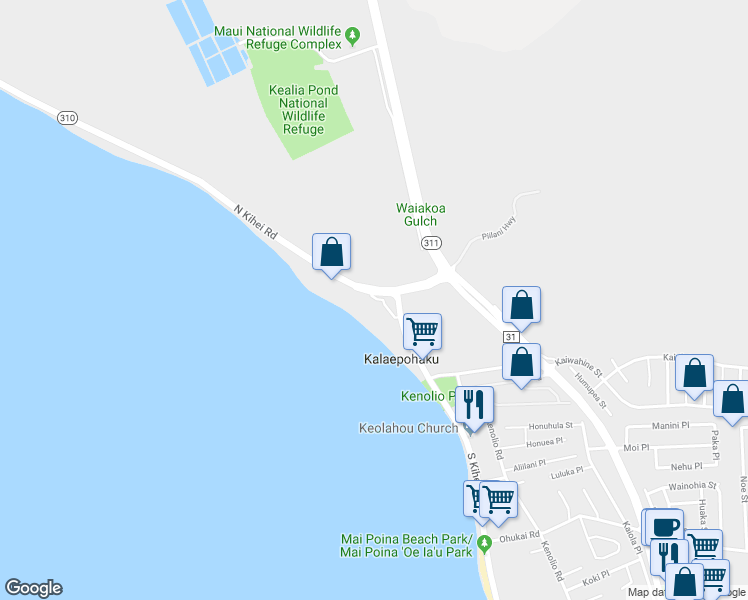 map of restaurants, bars, coffee shops, grocery stores, and more near 73 North Kihei Road in Kihei