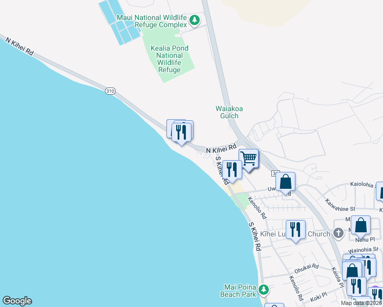 map of restaurants, bars, coffee shops, grocery stores, and more near 111 North Kihei Road in Kihei