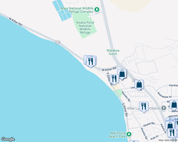 map of restaurants, bars, coffee shops, grocery stores, and more near 145 North Kihei Road in Kihei