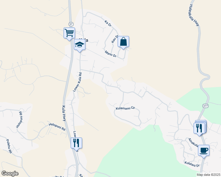 map of restaurants, bars, coffee shops, grocery stores, and more near 370 Lower Kimo Drive in Kula