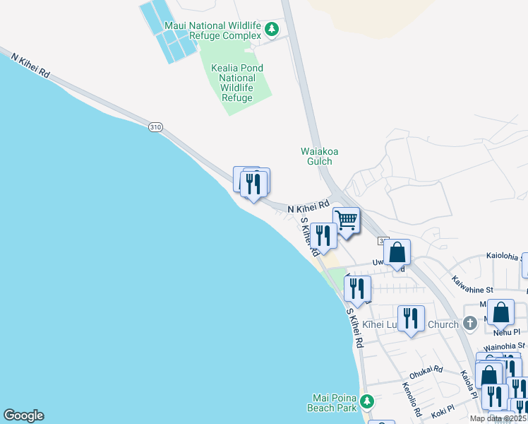 map of restaurants, bars, coffee shops, grocery stores, and more near 115 North Kihei Road in Kihei