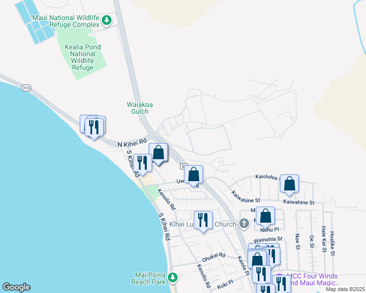 map of restaurants, bars, coffee shops, grocery stores, and more near 38 Kihalani Street in Kihei