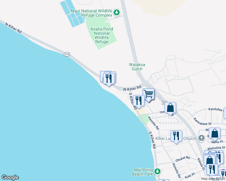 map of restaurants, bars, coffee shops, grocery stores, and more near 115 North Kihei Road in Kihei