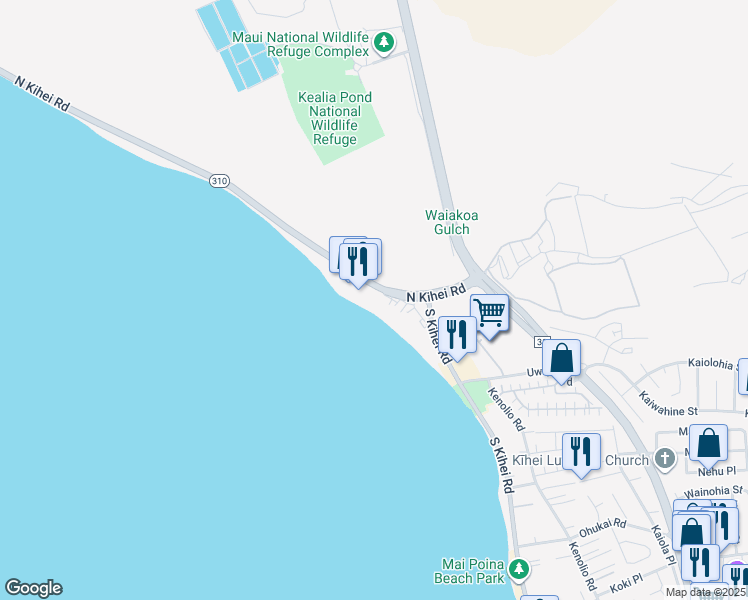 map of restaurants, bars, coffee shops, grocery stores, and more near 145 North Kihei Road in Kihei