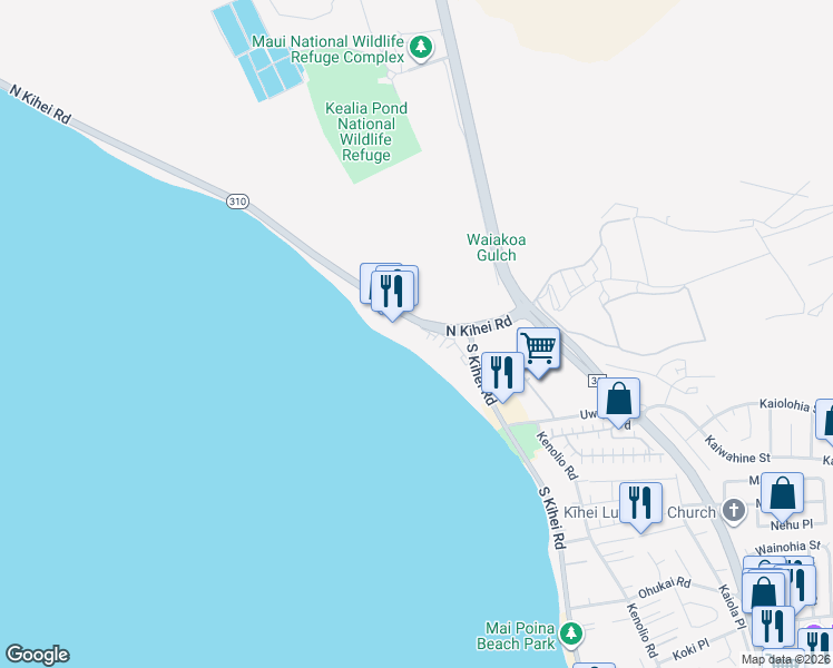 map of restaurants, bars, coffee shops, grocery stores, and more near 111 North Kihei Road in Kihei
