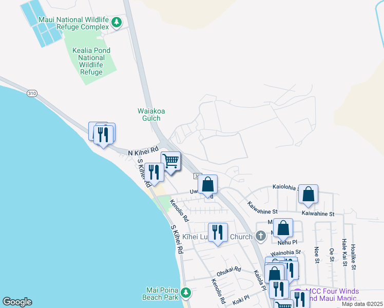 map of restaurants, bars, coffee shops, grocery stores, and more near 64 Kihalani Street in Kihei