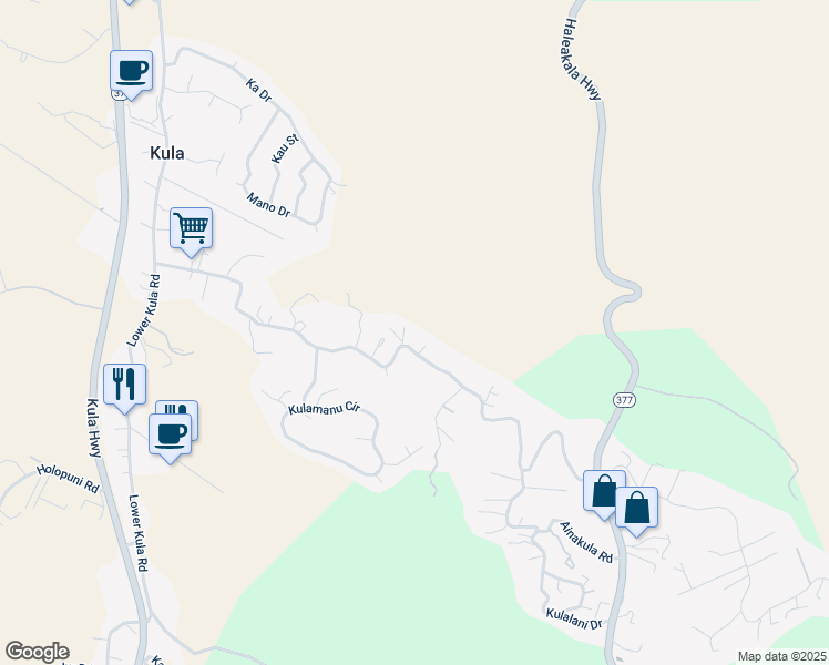 map of restaurants, bars, coffee shops, grocery stores, and more near Lower Kimo Drive in Kula