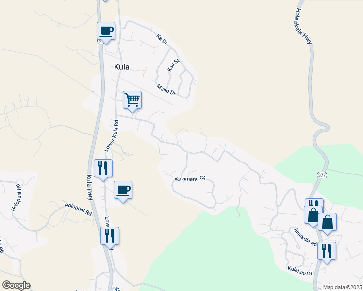 map of restaurants, bars, coffee shops, grocery stores, and more near 515 Lower Kimo Drive in Kula